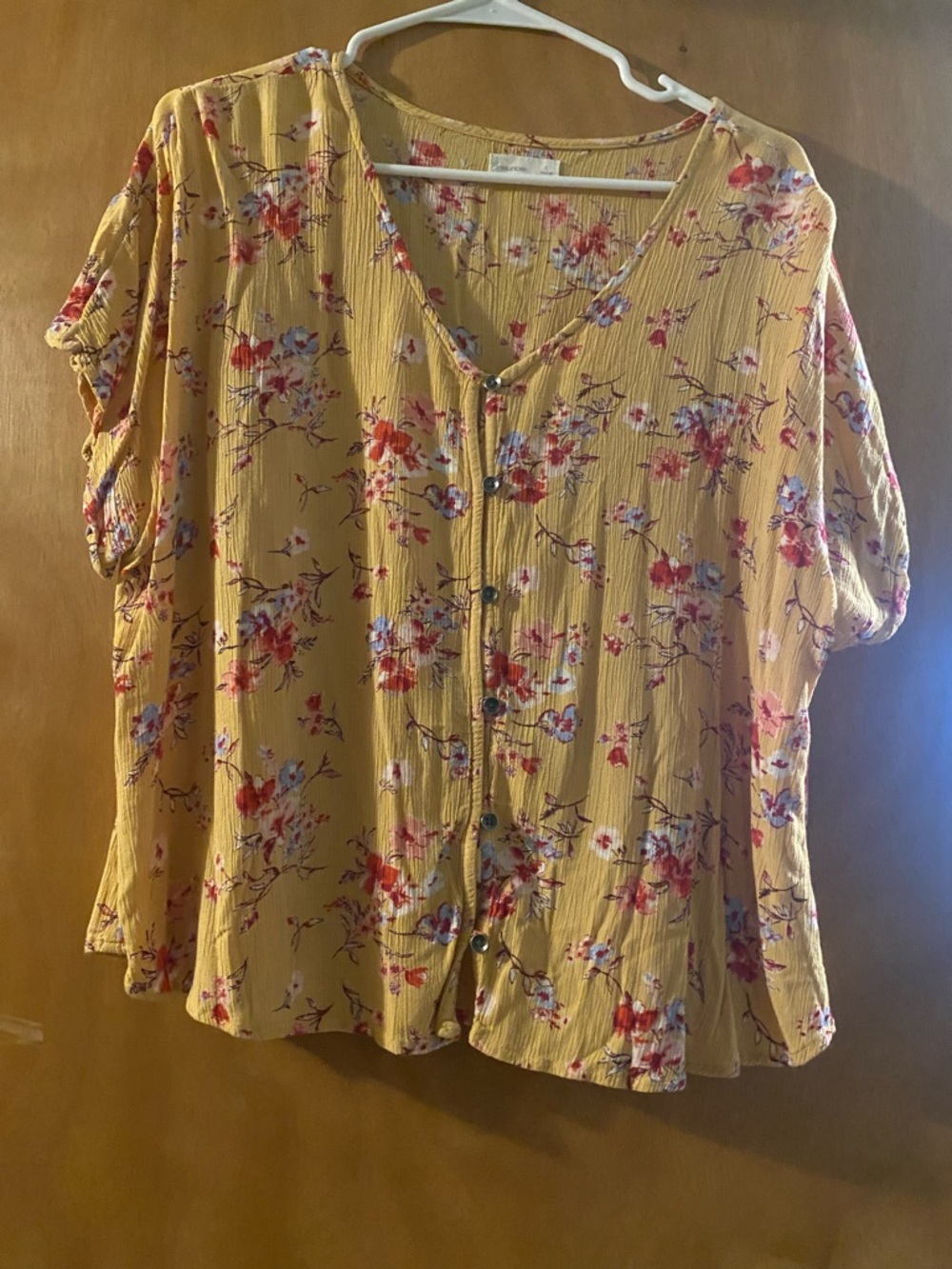 Maurices Mustard Floral Button-Front Women’s Top